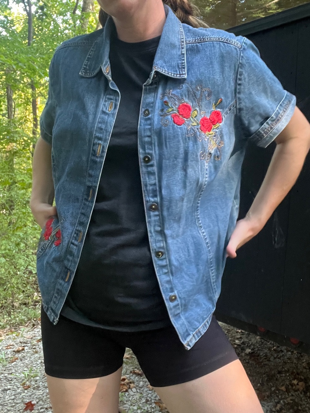 Vintage Embroidered Denim Shirt with Red Rose Motif